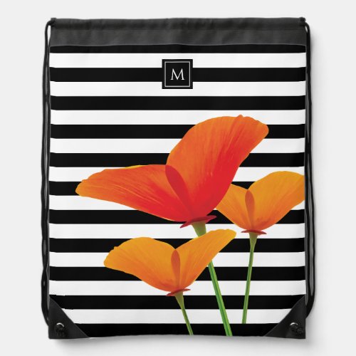 Poppy Chic Black Stripes Monogram Drawstring Bag