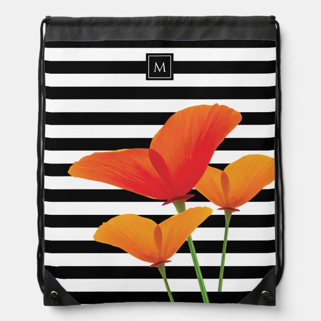Poppy Chic Black Stripes Monogram Drawstring Bag (Front)