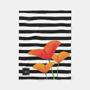 Poppy Chic Black Stripes Monogram Fleece Blanket