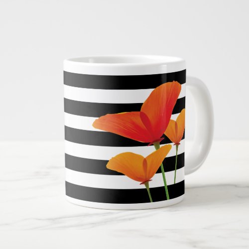 Poppy Chic Black Stripes Monogram Giant Coffee Mug