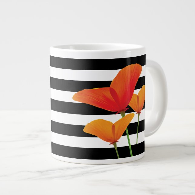 Poppy Chic Black Stripes Monogram Giant Coffee Mug (Front Right)