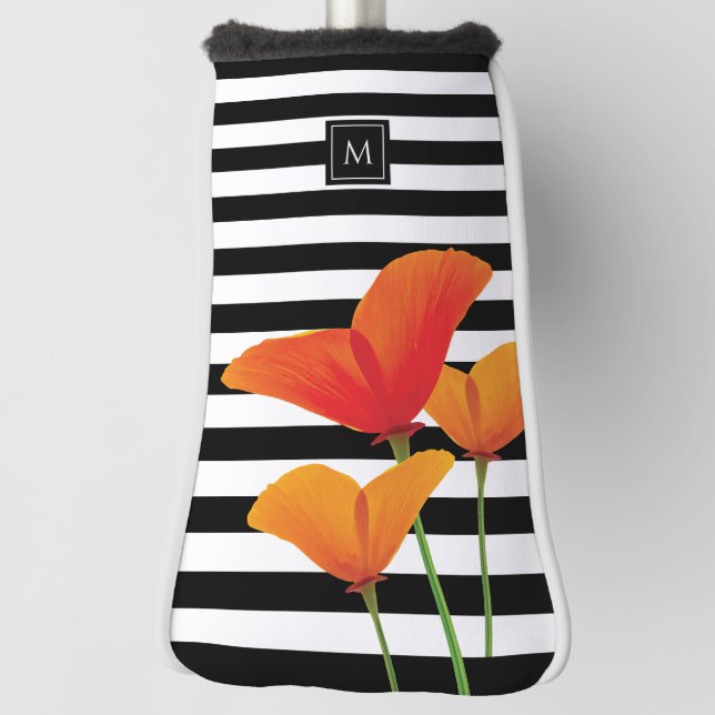 Poppy Chic Black Stripes Monogram Golf Head Cover (Rotate 90)