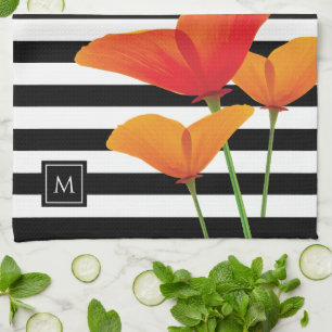 Poppy Chic Black Stripes Monogram Kitchen Towel