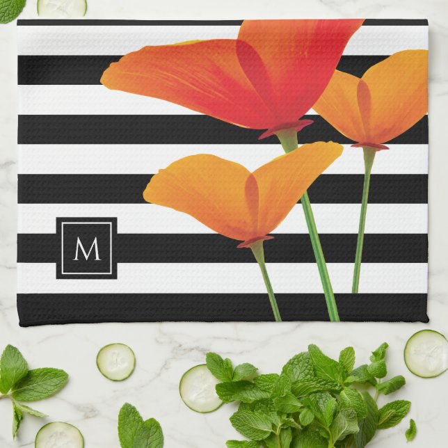 Poppy Chic Black Stripes Monogram Kitchen Towel (Folded)