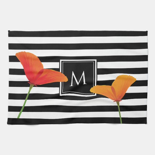 Poppy Chic Black Stripes Monogram Kitchen Towel (Horizontal)