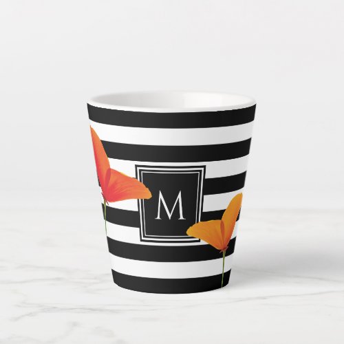 Poppy Chic Black Stripes Monogram Latte Mug