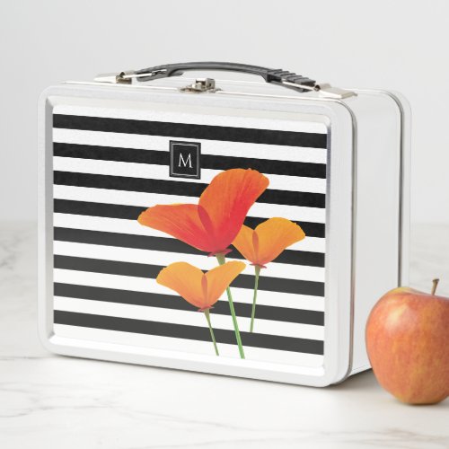 Poppy Chic Black Stripes Monogram Metal Lunch Box