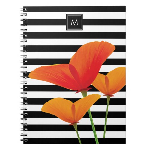 Poppy Chic Black Stripes Monogram Notebook