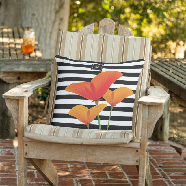 Poppy Chic Black Stripes Monogram Outdoor Pillow (Chair)