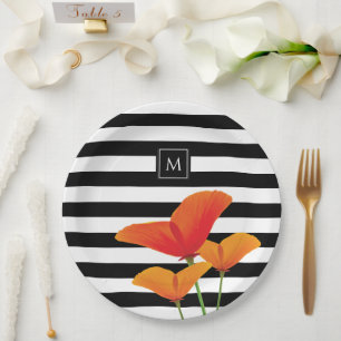 Poppy Chic Black Stripes Monogram Paper Plates