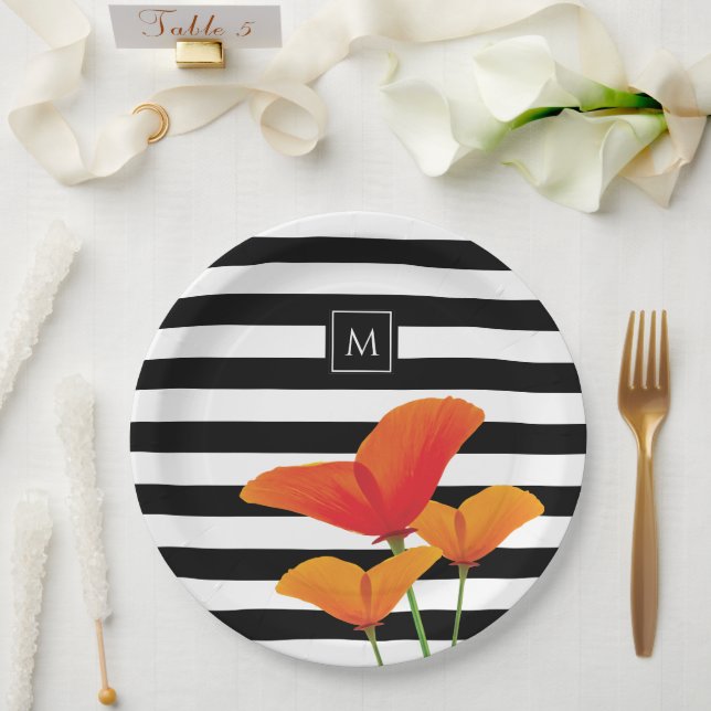 Poppy Chic Black Stripes Monogram Paper Plates (Wedding)