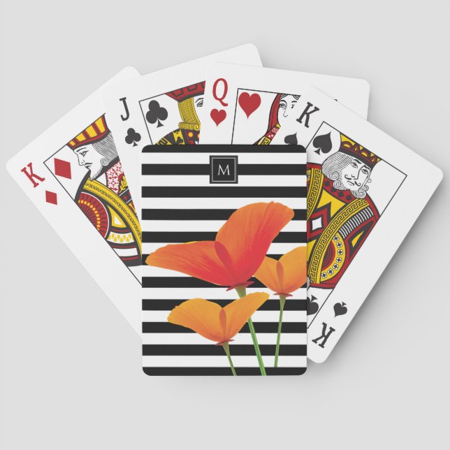 Poppy Chic Black Stripes Monogram Poker Cards (Back)