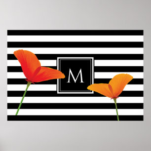 Poppy Chic Black Stripes Monogram Poster