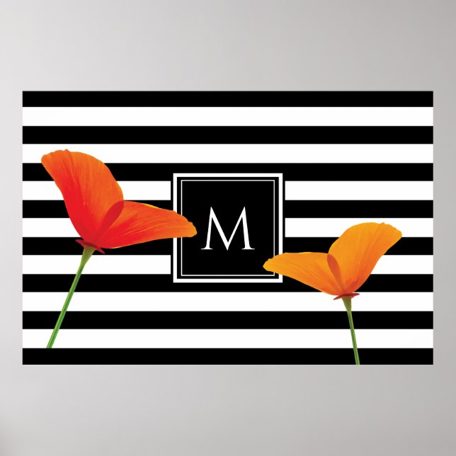 Poppy Chic Black Stripes Monogram Poster (Front)