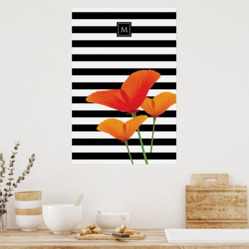 Poppy Chic Black Stripes Monogram Poster