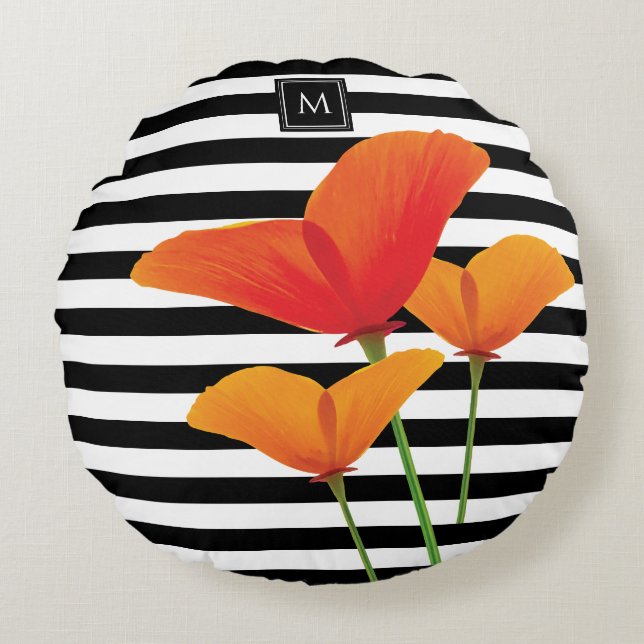 Poppy Chic Black Stripes Monogram Round Pillow (Front)