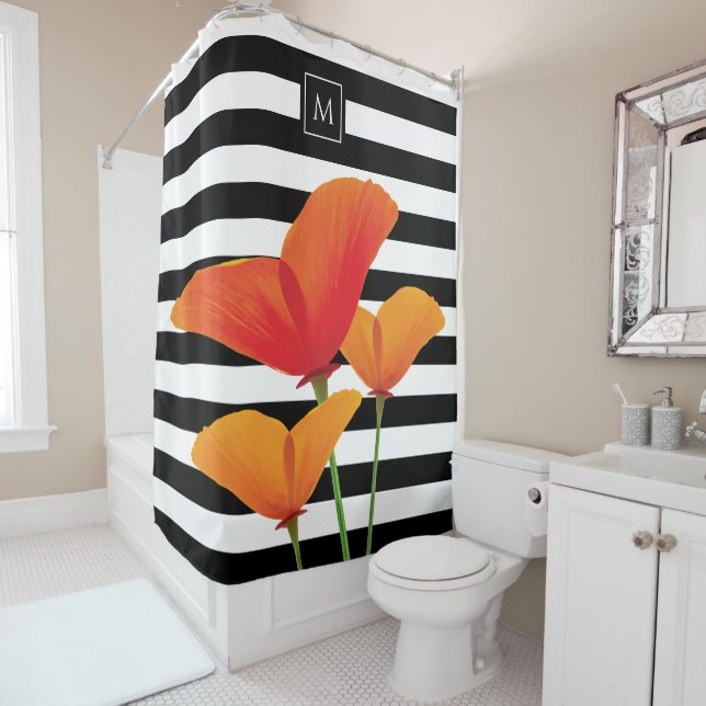 Poppy Chic Black Stripes Monogram Shower Curtain (In Situ)