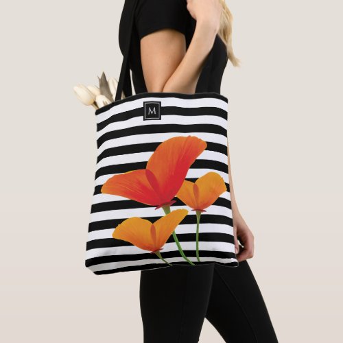 Poppy Chic Black Stripes Monogram Tote Bag