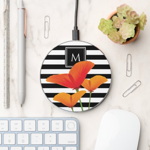 Poppy Chic Black Stripes Monogram Wireless Charger