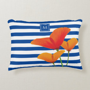 Poppy Chic Blue Stripes Monogram Accent Pillow