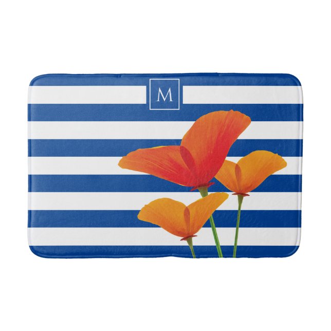 Poppy Chic Blue Stripes Monogram Bath Mat (Front)