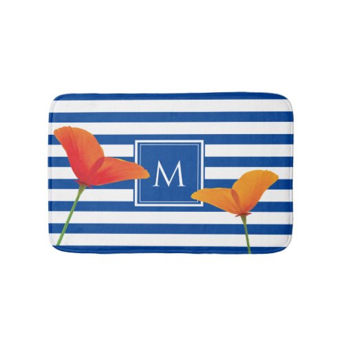 Poppy Chic Blue Stripes Monogram Bath Mat