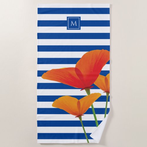 Poppy Chic Blue Stripes Monogram Beach Towel
