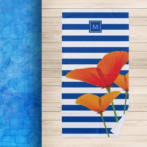 Poppy Chic Blue Stripes Monogram Beach Towel