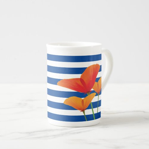 Poppy Chic Blue Stripes Monogram Bone China Mug