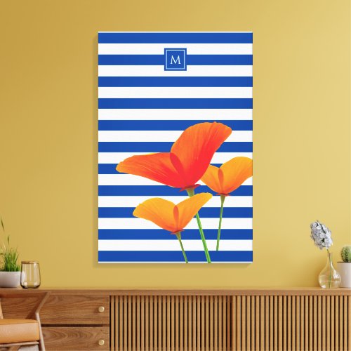 Poppy Chic Blue Stripes Monogram Canvas Print