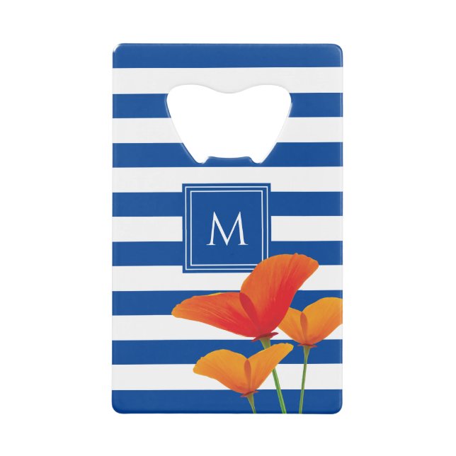 Poppy Chic Blue Stripes Monogram Credit Card Bottle Opener (Front)