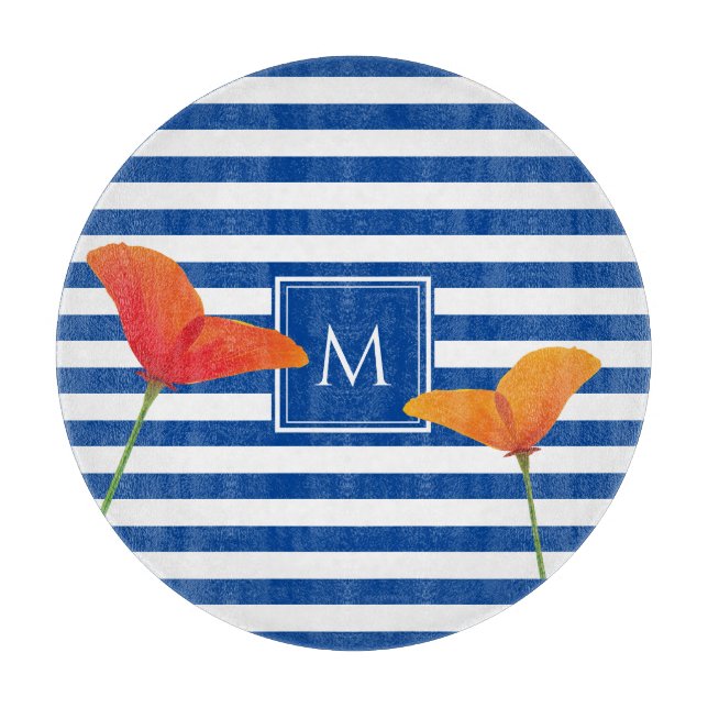 Poppy Chic Blue Stripes Monogram Cutting Board (Front)