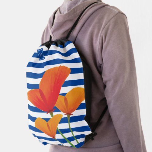 Poppy Chic Blue Stripes Monogram Drawstring Bag
