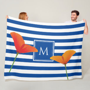 Poppy Chic Blue Stripes Monogram Fleece Blanket