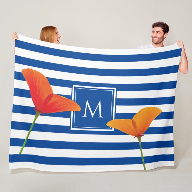 Poppy Chic Blue Stripes Monogram Fleece Blanket (In Situ)