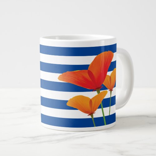 Poppy Chic Blue Stripes Monogram Giant Coffee Mug