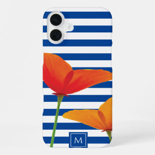 Poppy Chic Blue Stripes Monogram iPhone 16 Plus Case