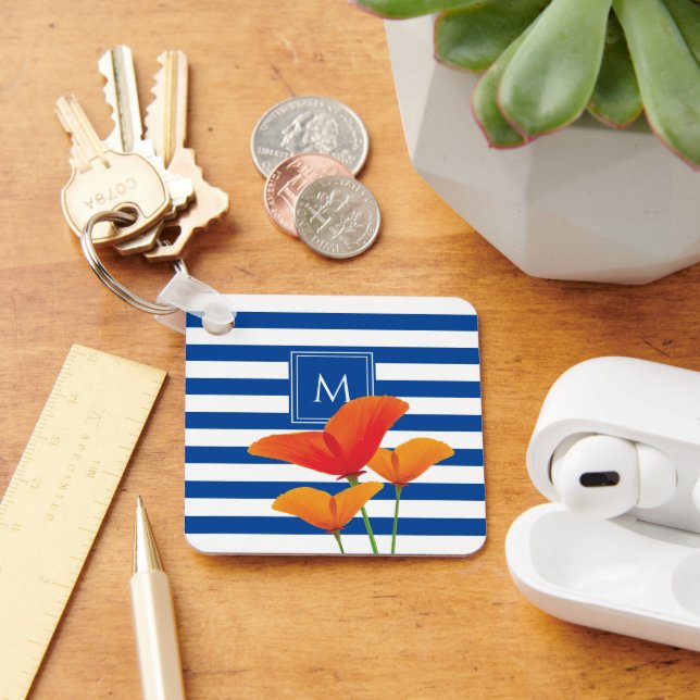Poppy Chic Blue Stripes Monogram Keychain (Desk)