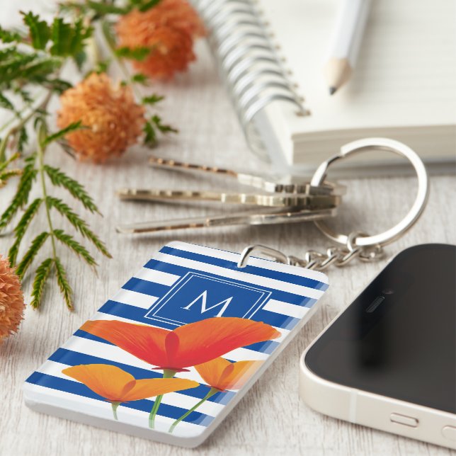 Poppy Chic Blue Stripes Monogram Keychain (Front Right)