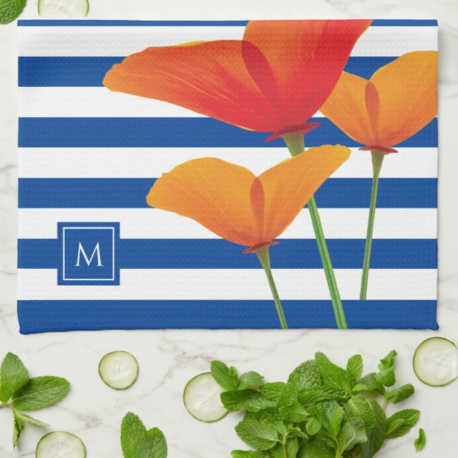 Poppy Chic Blue Stripes Monogram Kitchen Towel (Folded)