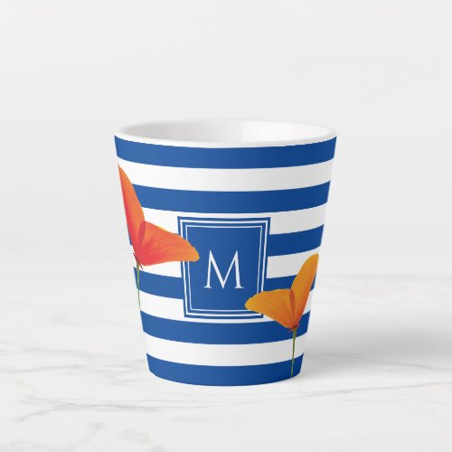 Poppy Chic Blue Stripes Monogram Latte Mug