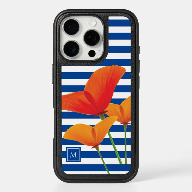 Poppy Chic Blue Stripes Monogram Otterbox iPhone Case (Back)