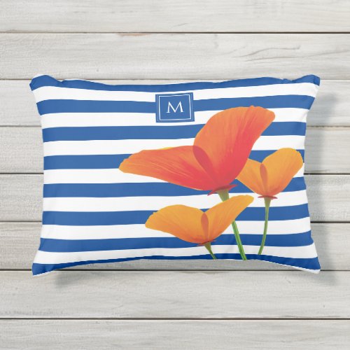 Poppy Chic Blue Stripes Monogram Outdoor Pillow