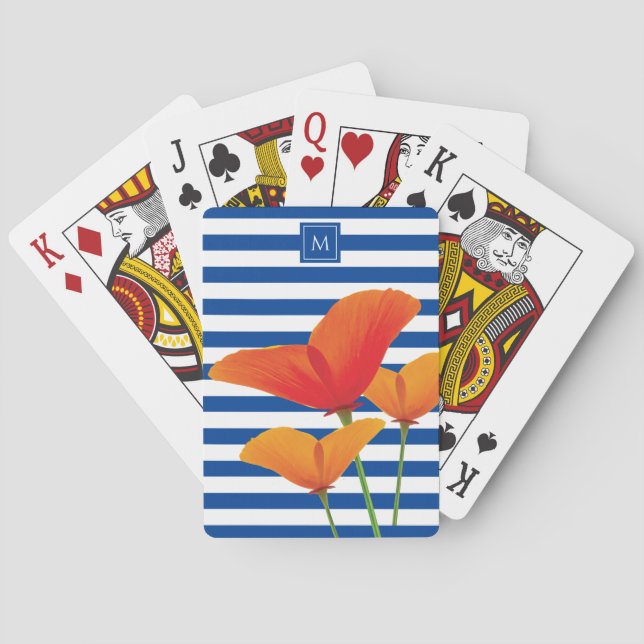 Poppy Chic Blue Stripes Monogram Poker Cards (Back)