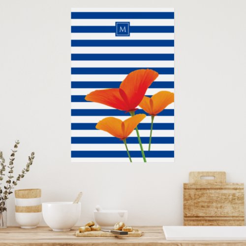 Poppy Chic Blue Stripes Monogram Poster