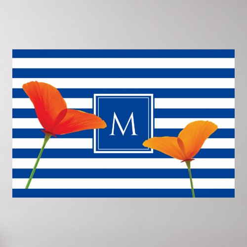 Poppy Chic Blue Stripes Monogram Poster