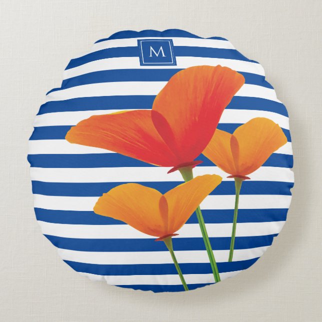 Poppy Chic Blue Stripes Monogram Round Pillow (Front)