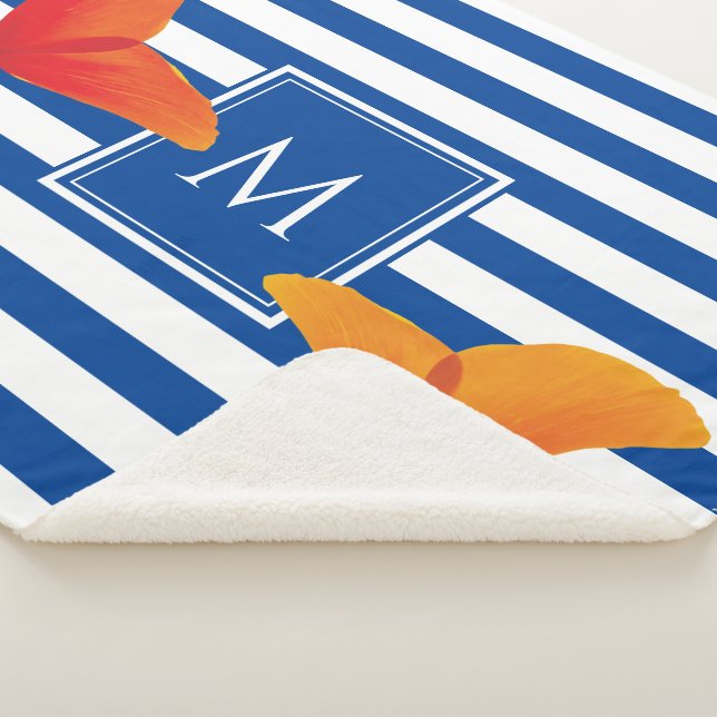 Poppy Chic Blue Stripes Monogram Sherpa Blanket (3/4)