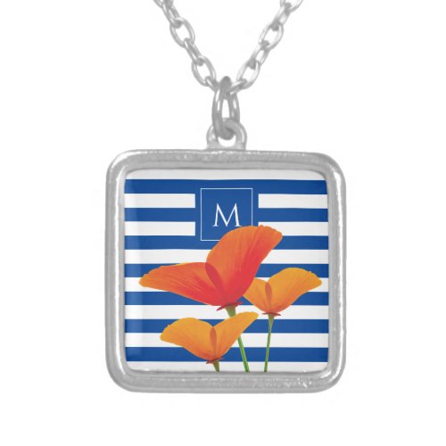 Poppy Chic Blue Stripes Monogram Silver Plated Necklace