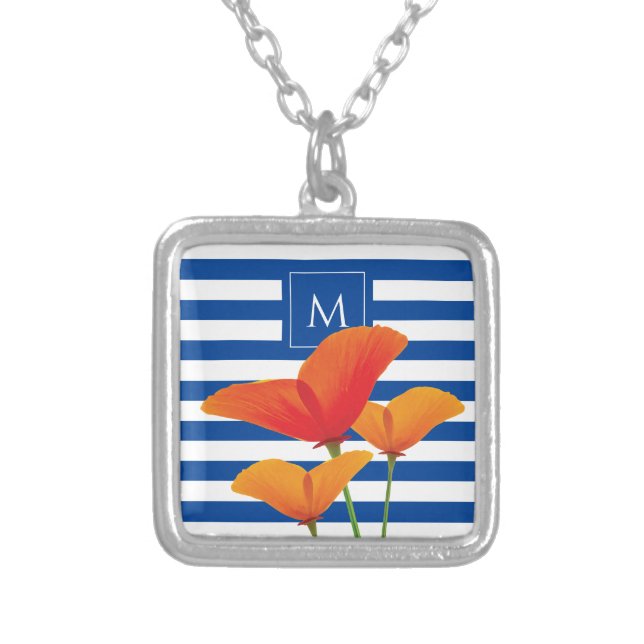 Poppy Chic Blue Stripes Monogram Silver Plated Necklace (Front)